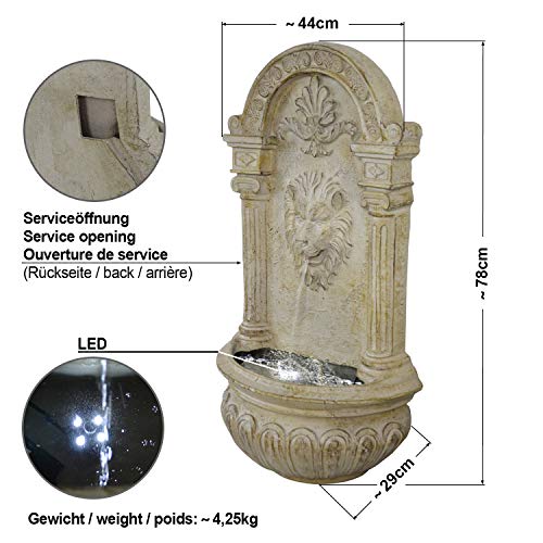 Wandbrunnen Löwenkopf mit Solarpanel und LED-Beleuchtung 75 cm Höhe in Steinoptik - 2