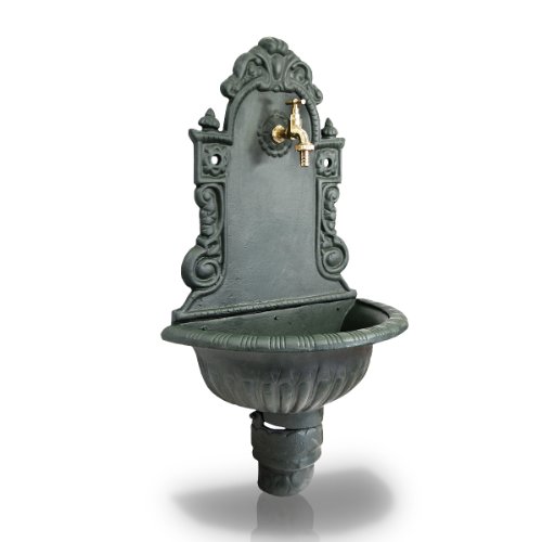 Antiker Wandbrunnen mit Wasserhahn aus Metall grün lackiert 75 cm Höhe