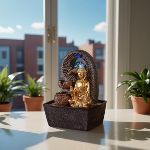 Beleuchteter Zimmerbrunnen mit Buddha und Glaskugel - 5