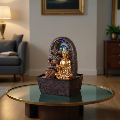 Beleuchteter Zimmerbrunnen mit Buddha und Glaskugel - 6