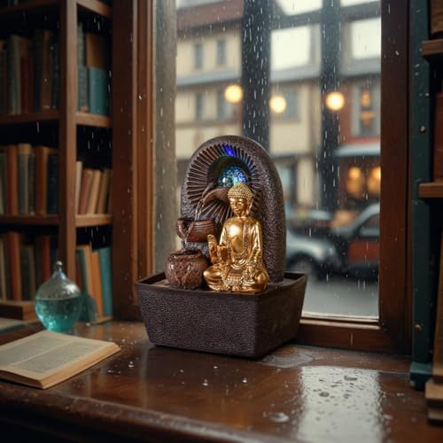 Beleuchteter Zimmerbrunnen mit Buddha und Glaskugel - 8