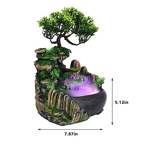 Zimmerspringbrunnen, Zimmerbrunnen mit Beleuchtung Tischbrunnen LED Balkon Brunnen Nebel Pflanzen mit Pflanzen Wasserfall Desktop Brunnen mit Farbwechsel Simulation Steingarten Luftbefeuchter Dekor - 6